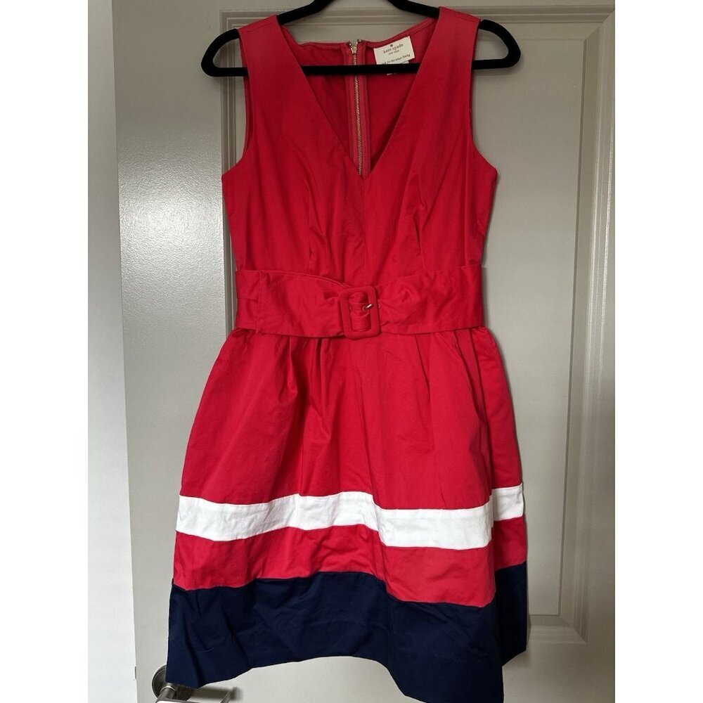 Kate Spade Sawyer Dress Pink Blue Striped Fit Flare Mini Size 8 V Neck - Picture 3 of 9